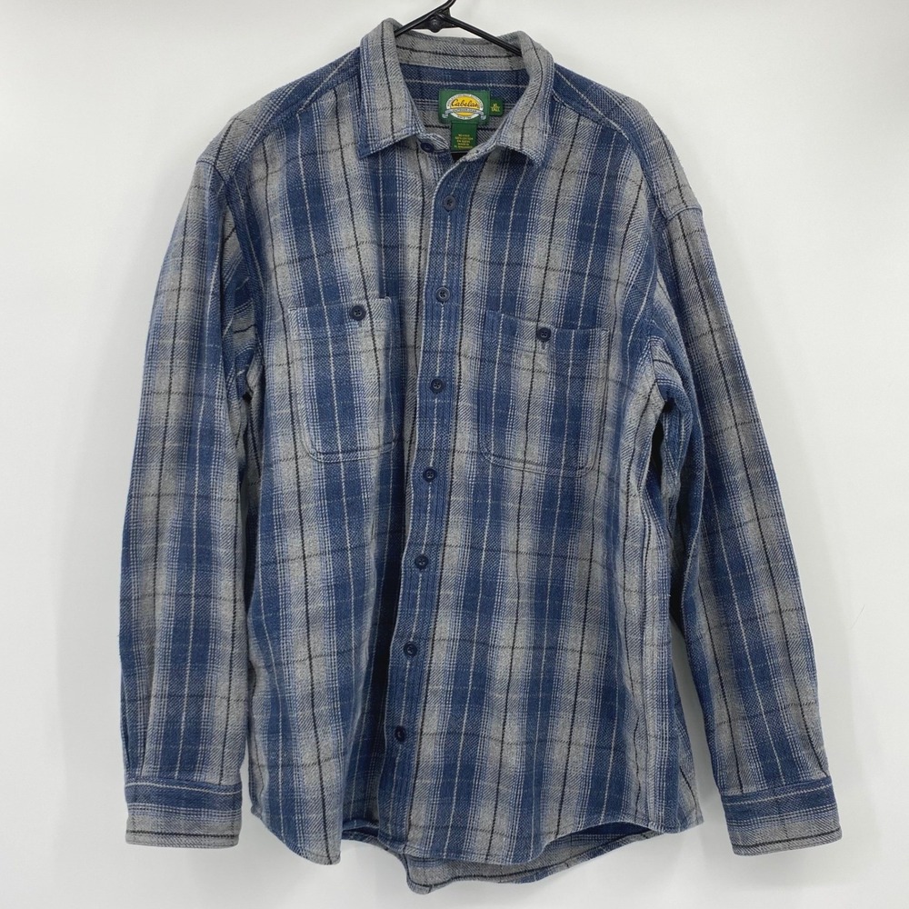 Cabelas Flannel Shirt Mens XL Tall Blue‎ Grey Plaid Cotton Button Up 90-2300